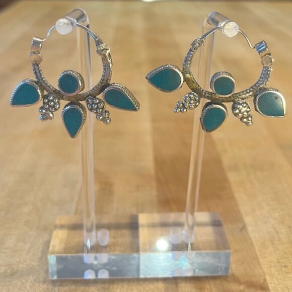 Artisan Crafted Jewelry - Antique Boho Vintage Turquoise Hoop Earrings